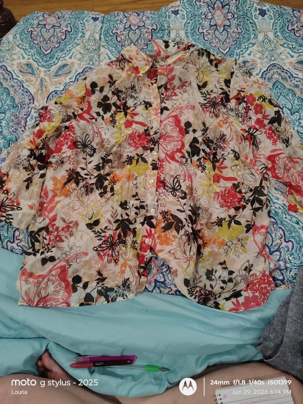 Alfred Dunner Floral Button-Up Shirt in Coral, Yellow & Black
